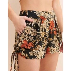 RAGA High Waist Orange and Black Shorts with Botanical Print